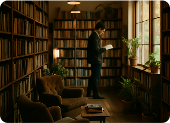 A cozy independent bookstore interior with wooden bookshelves, soft warm lighting, a small reading nook with armchairs, potted plants, and large windows letting in natural light. A person casually browsing books in the background. No signs, labels,